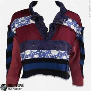 FREE PEOPLE HIGH POINT OVERSIZED BOHO PATCHWORK CROP TOP IN NIGHTTIME COMBO XS/S